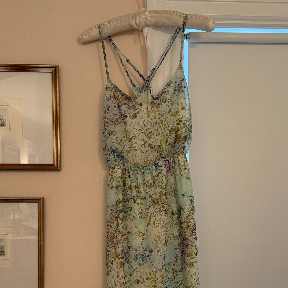 BCBGeneration Light Blue Floral Maxi Dress with Crisscross Straps